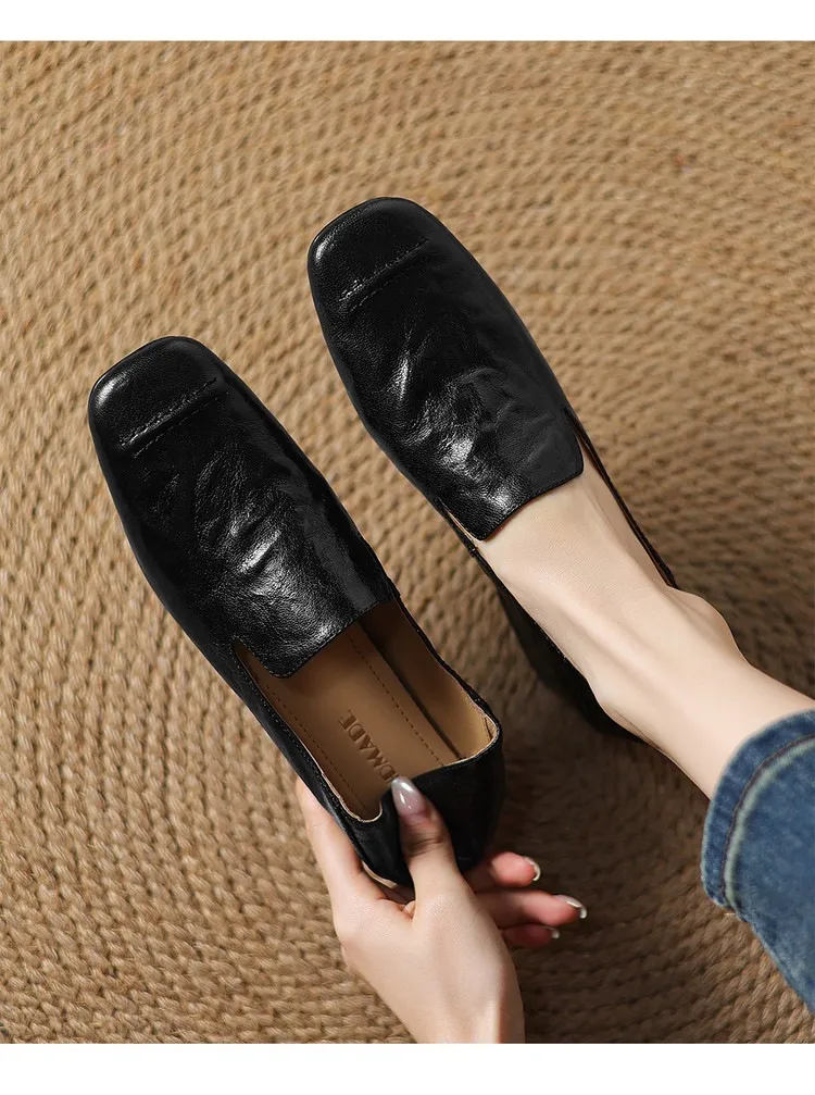 Spring/Autumn Style First Layer Sheepskin Single Shoes, Comfortable 4cm Mid-Heel Block Heel Women's Shoes, Retro Brown/Black, Plus Size
