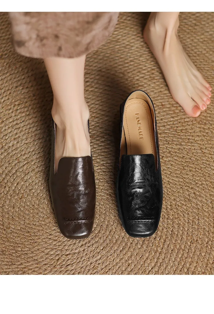 Spring/Autumn Style First Layer Sheepskin Single Shoes, Comfortable 4cm Mid-Heel Block Heel Women's Shoes, Retro Brown/Black, Plus Size