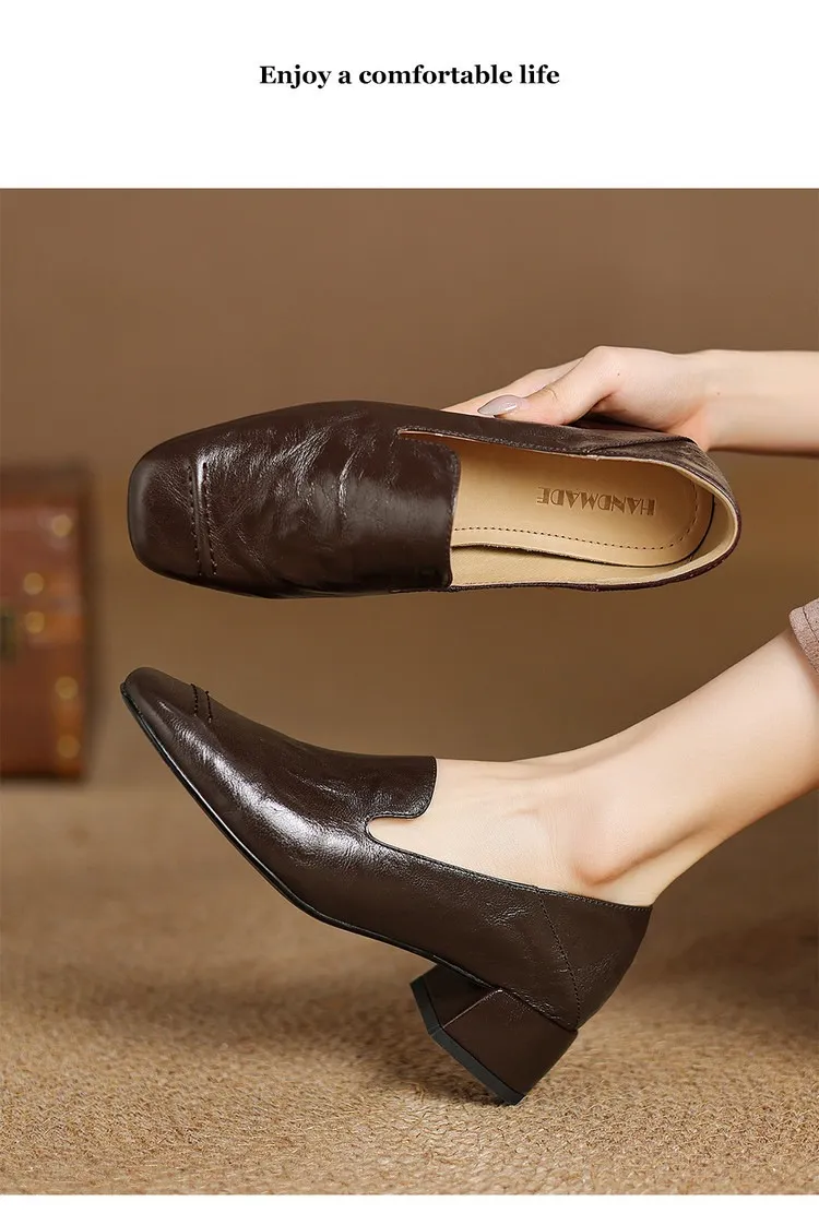 Spring/Autumn Style First Layer Sheepskin Single Shoes, Comfortable 4cm Mid-Heel Block Heel Women's Shoes, Retro Brown/Black, Plus Size