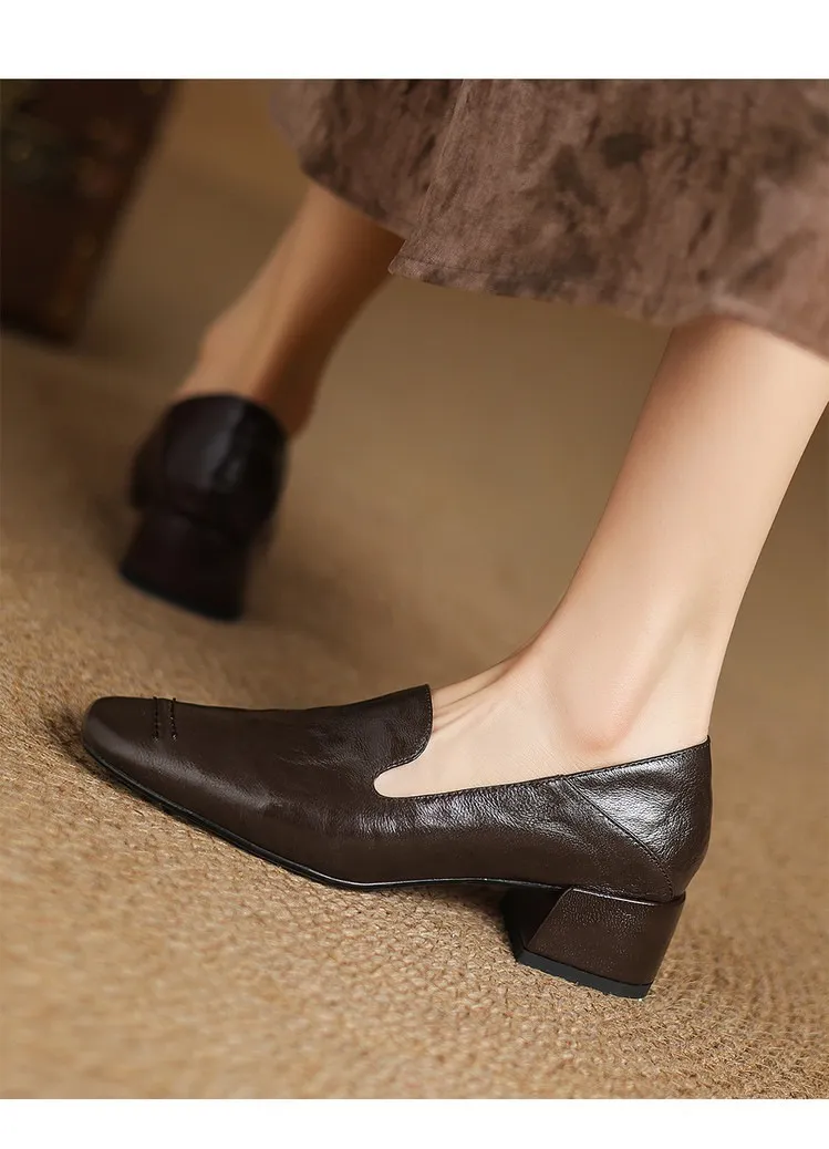 Spring/Autumn Style First Layer Sheepskin Single Shoes, Comfortable 4cm Mid-Heel Block Heel Women's Shoes, Retro Brown/Black, Plus Size