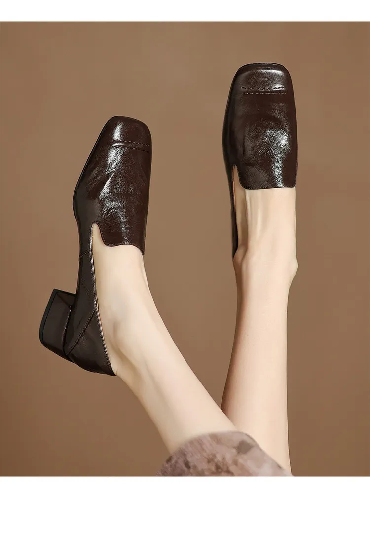 Spring/Autumn Style First Layer Sheepskin Single Shoes, Comfortable 4cm Mid-Heel Block Heel Women's Shoes, Retro Brown/Black, Plus Size
