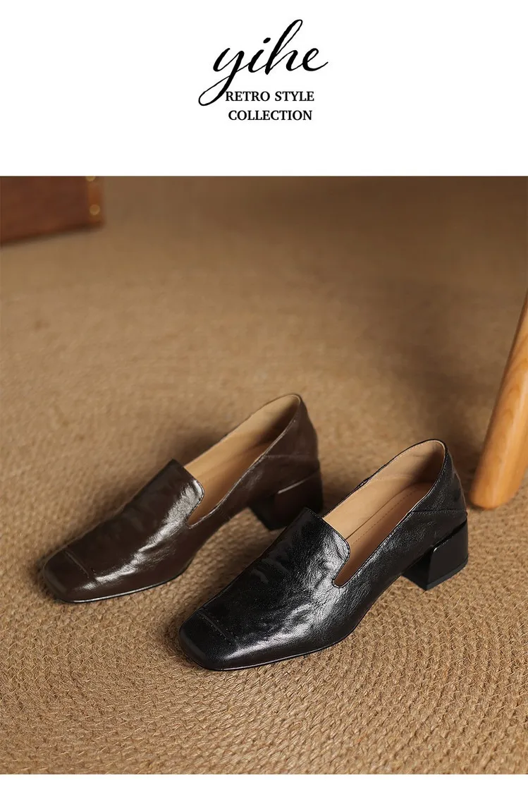 Spring/Autumn Style First Layer Sheepskin Single Shoes, Comfortable 4cm Mid-Heel Block Heel Women's Shoes, Retro Brown/Black, Plus Size