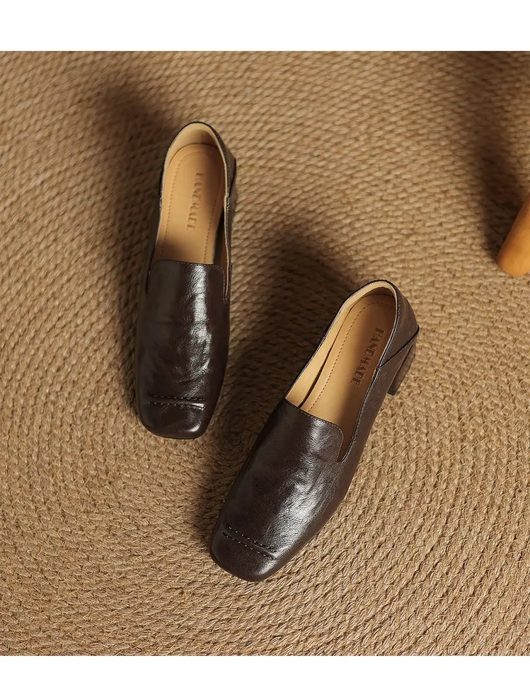 Spring/Autumn Style First Layer Sheepskin Single Shoes, Comfortable 4cm Mid-Heel Block Heel Women's Shoes, Retro Brown/Black, Plus Size