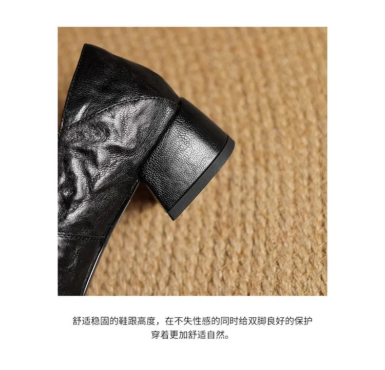 Spring/Autumn Style First Layer Sheepskin Single Shoes, Comfortable 4cm Mid-Heel Block Heel Women's Shoes, Retro Brown/Black, Plus Size