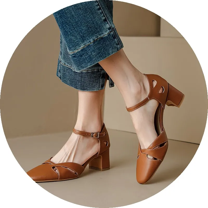 Summer sheepskin mid-heel closed-toe strap French openwork retro chunky heel open sandals for women