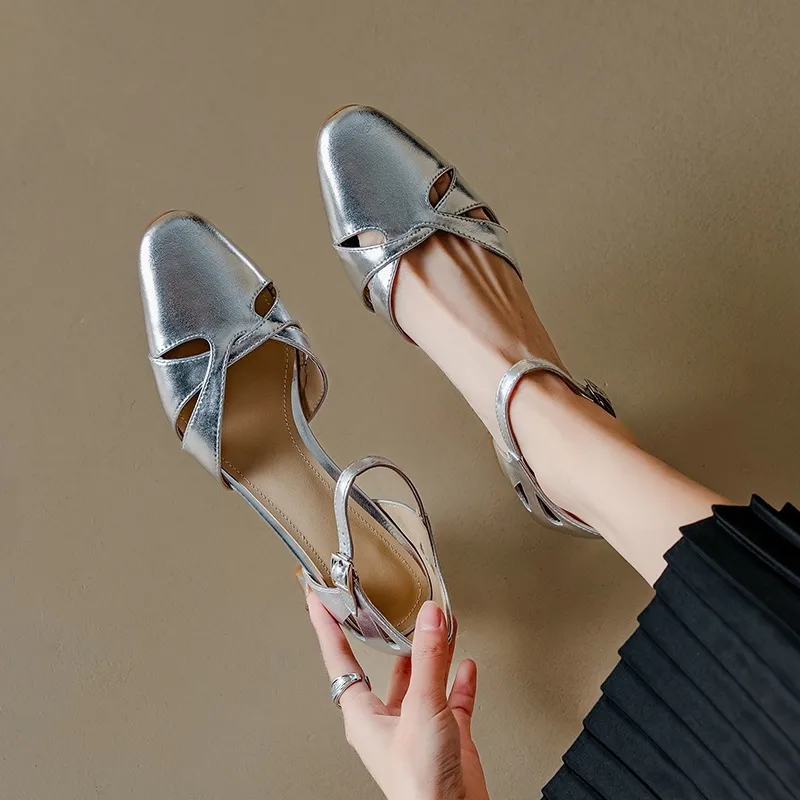 Summer sheepskin mid-heel closed-toe strap French openwork retro chunky heel open sandals for women
