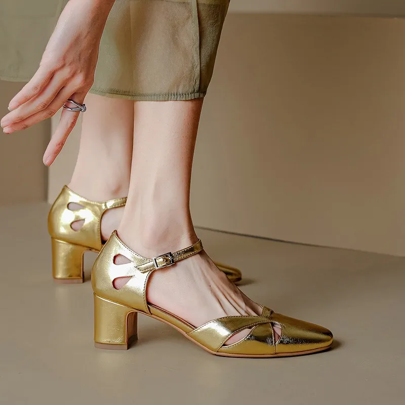 Summer sheepskin mid-heel closed-toe strap French openwork retro chunky heel open sandals for women
