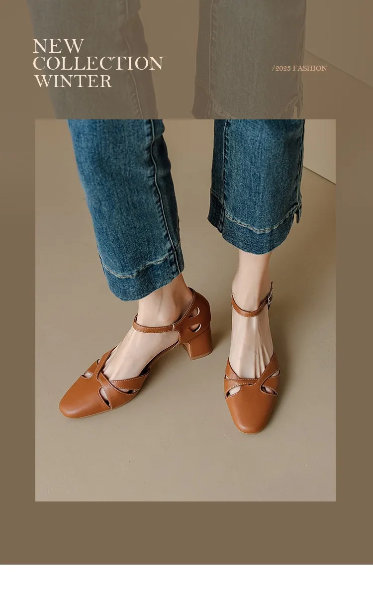 Summer sheepskin mid-heel closed-toe strap French openwork retro chunky heel open sandals for women