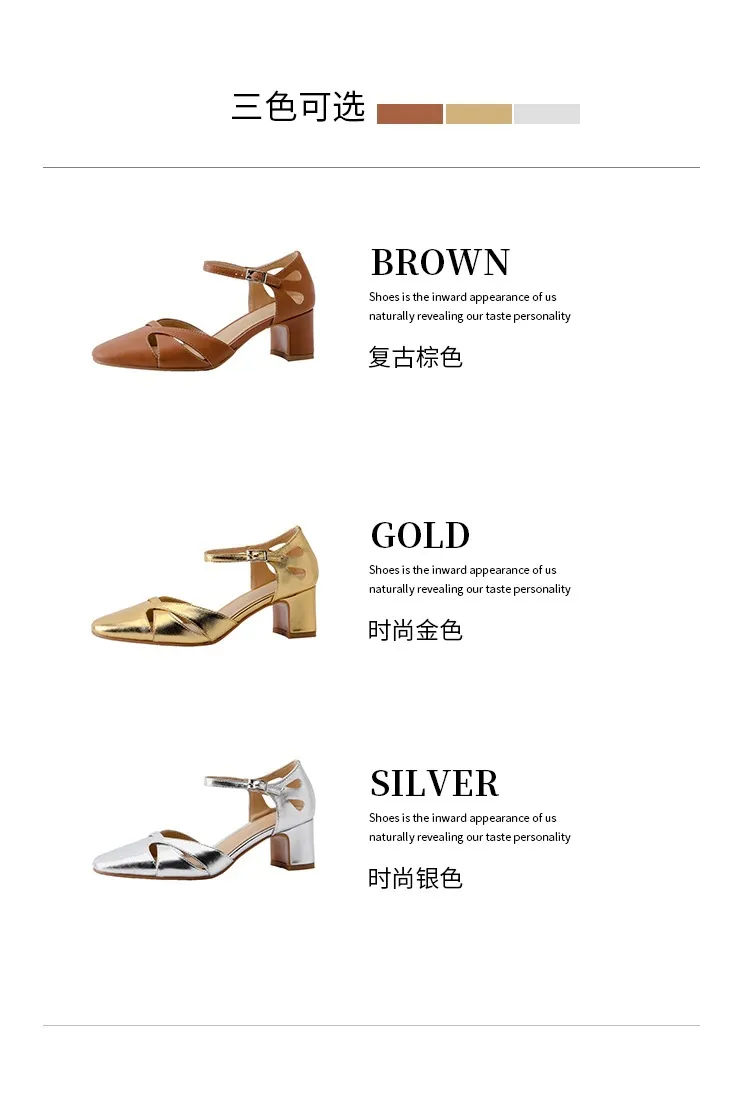 Summer sheepskin mid-heel closed-toe strap French openwork retro chunky heel open sandals for women
