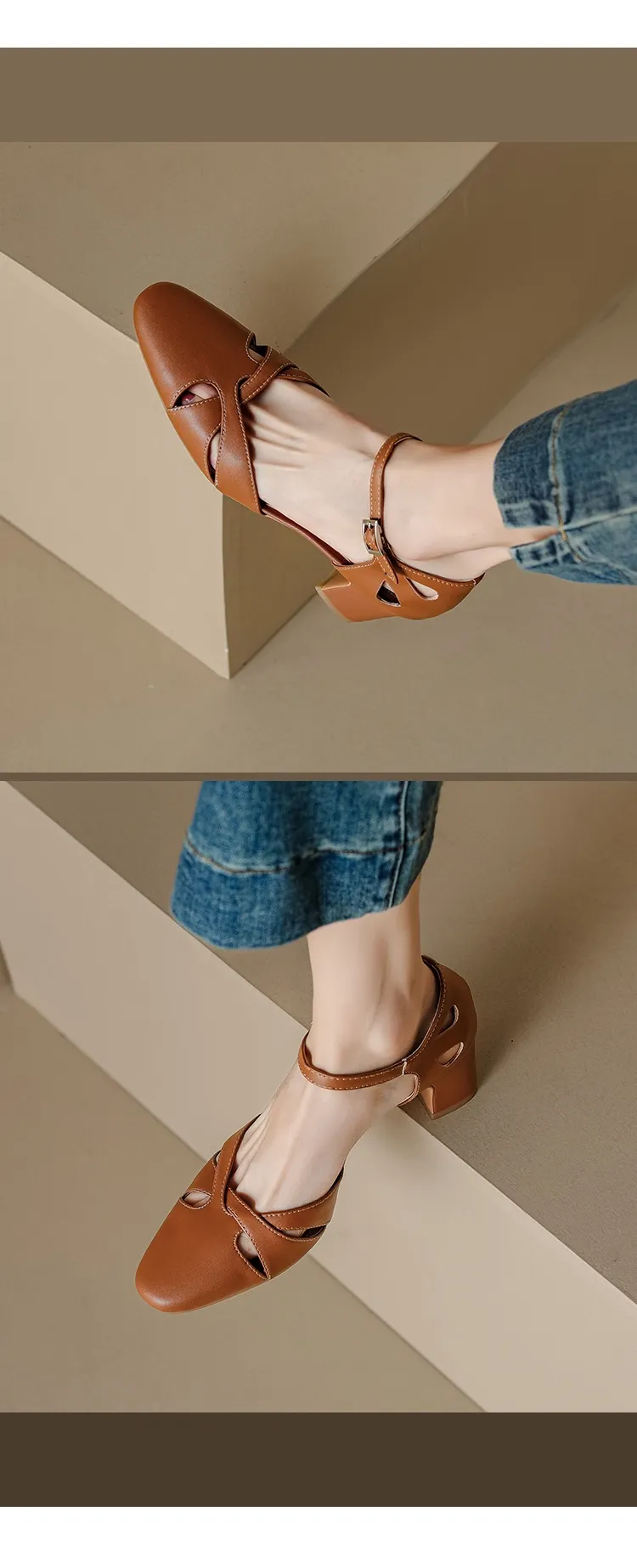Summer sheepskin mid-heel closed-toe strap French openwork retro chunky heel open sandals for women