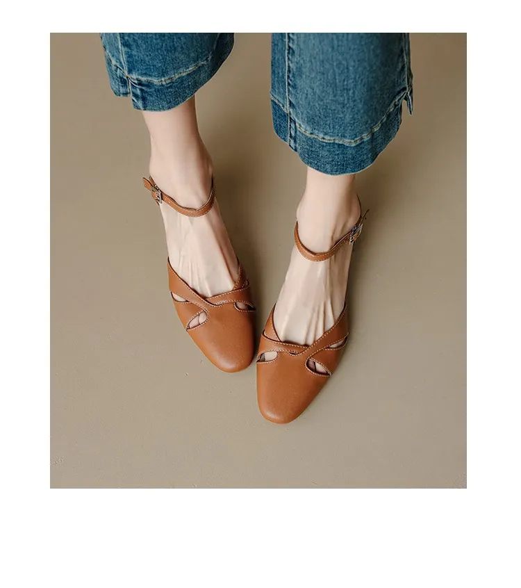 Summer sheepskin mid-heel closed-toe strap French openwork retro chunky heel open sandals for women