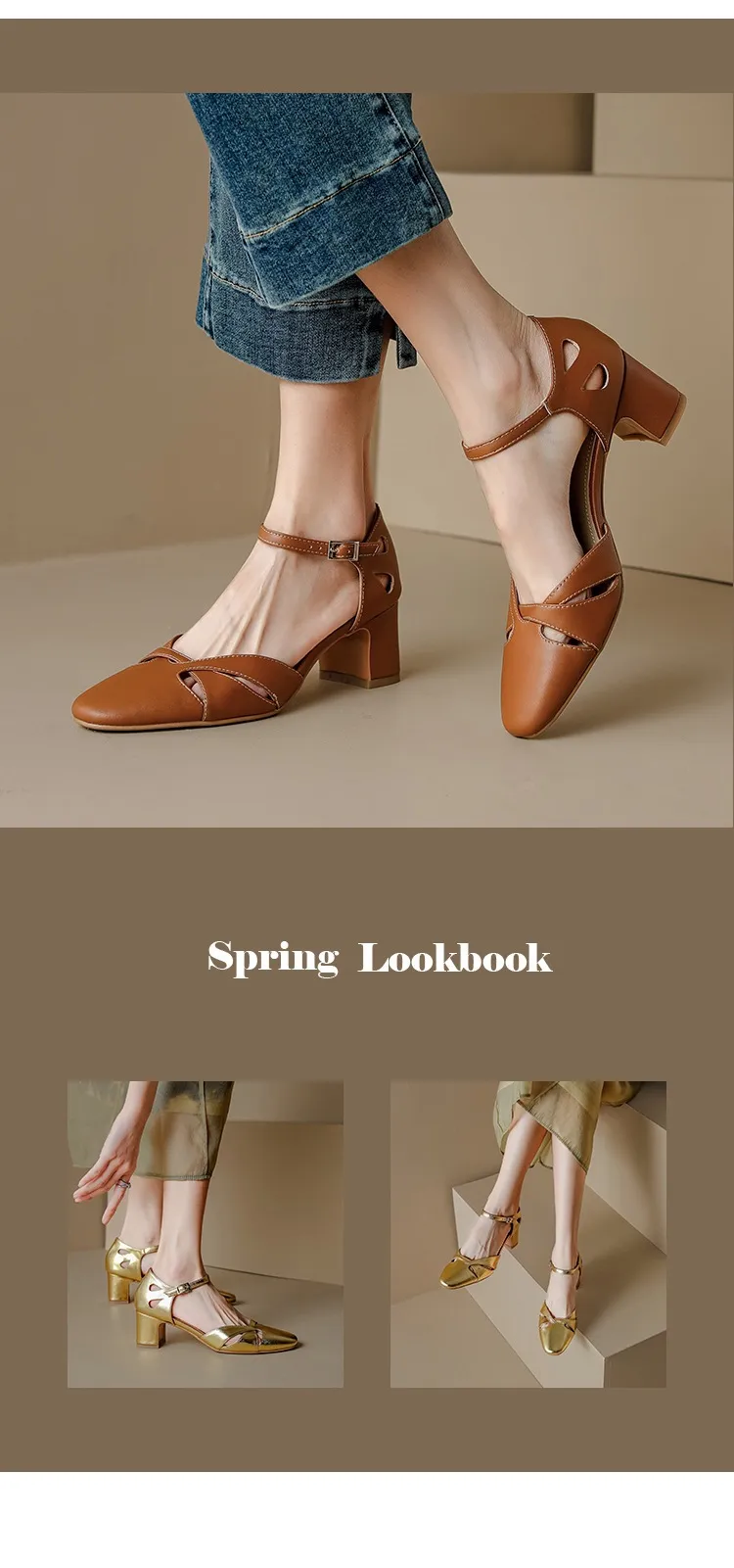 Summer sheepskin mid-heel closed-toe strap French openwork retro chunky heel open sandals for women