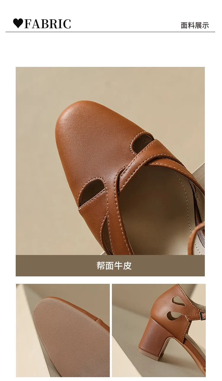 Summer sheepskin mid-heel closed-toe strap French openwork retro chunky heel open sandals for women