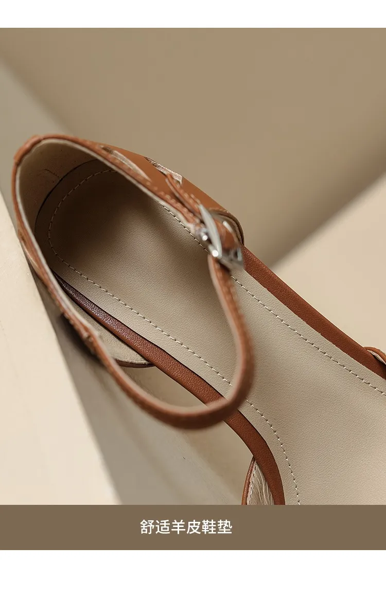 Summer sheepskin mid-heel closed-toe strap French openwork retro chunky heel open sandals for women