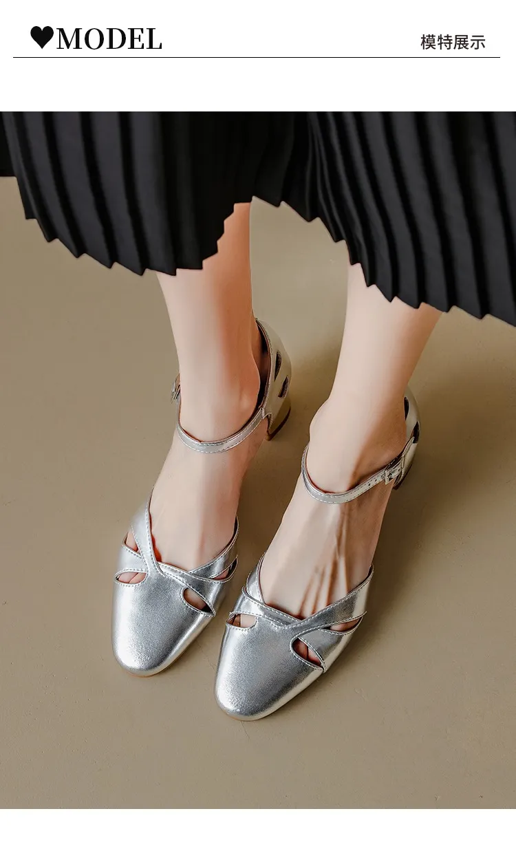 Summer sheepskin mid-heel closed-toe strap French openwork retro chunky heel open sandals for women