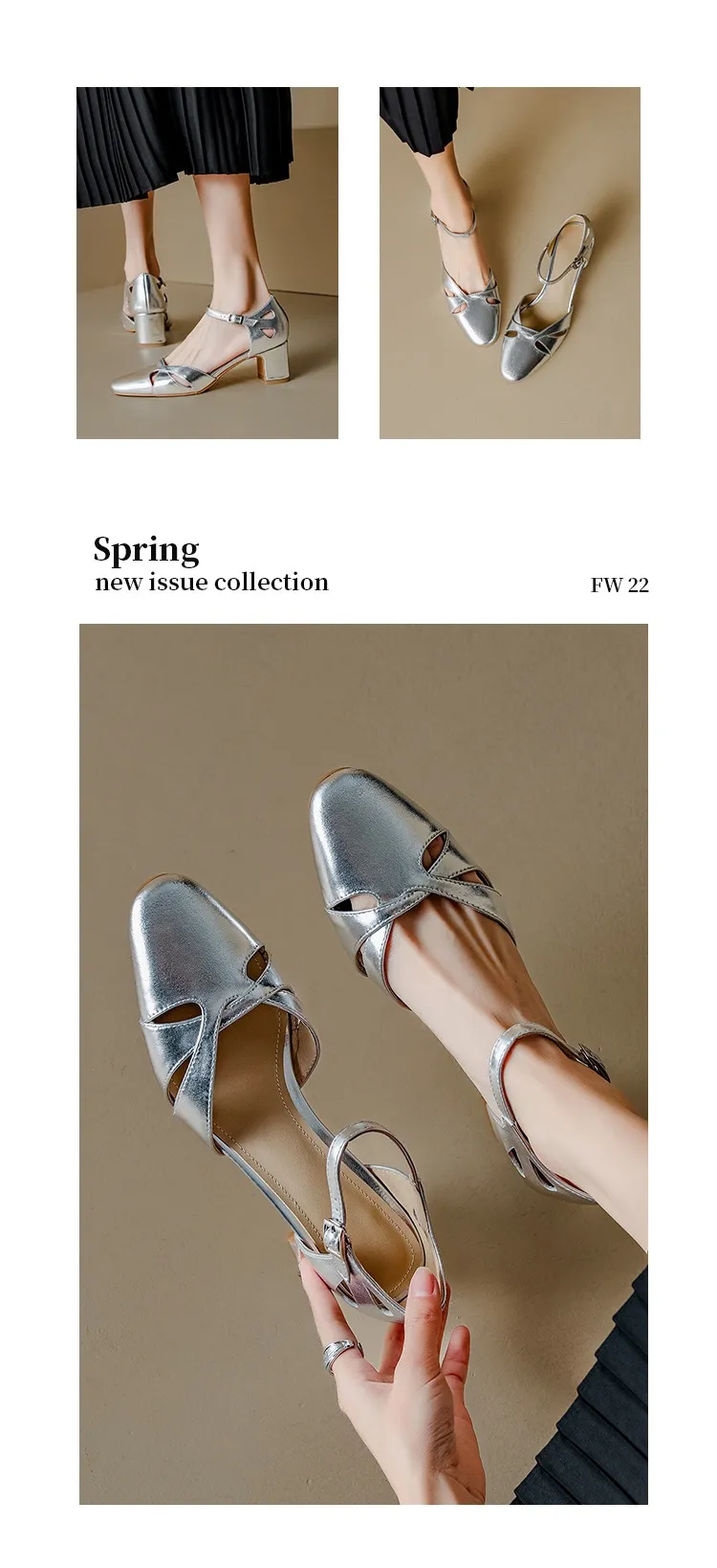 Summer sheepskin mid-heel closed-toe strap French openwork retro chunky heel open sandals for women