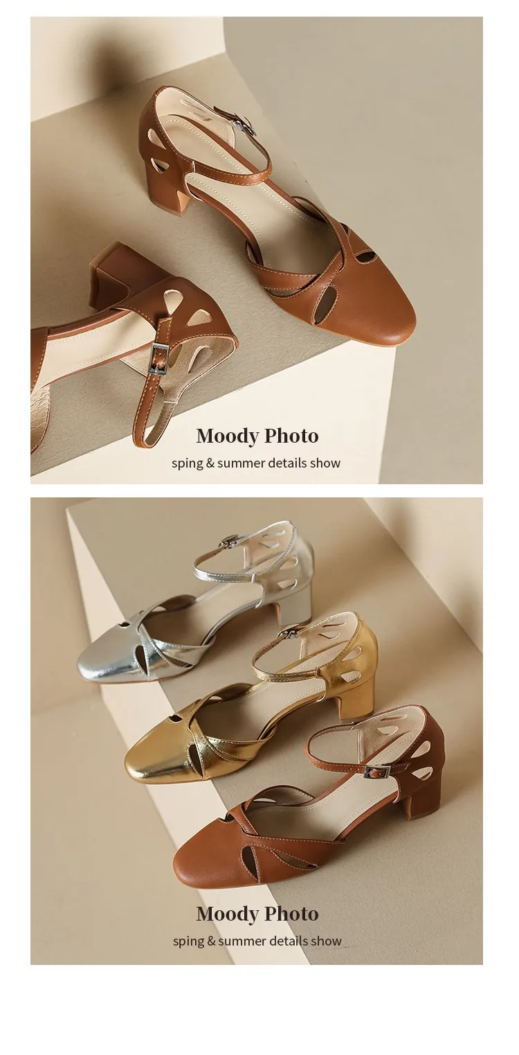 Summer sheepskin mid-heel closed-toe strap French openwork retro chunky heel open sandals for women