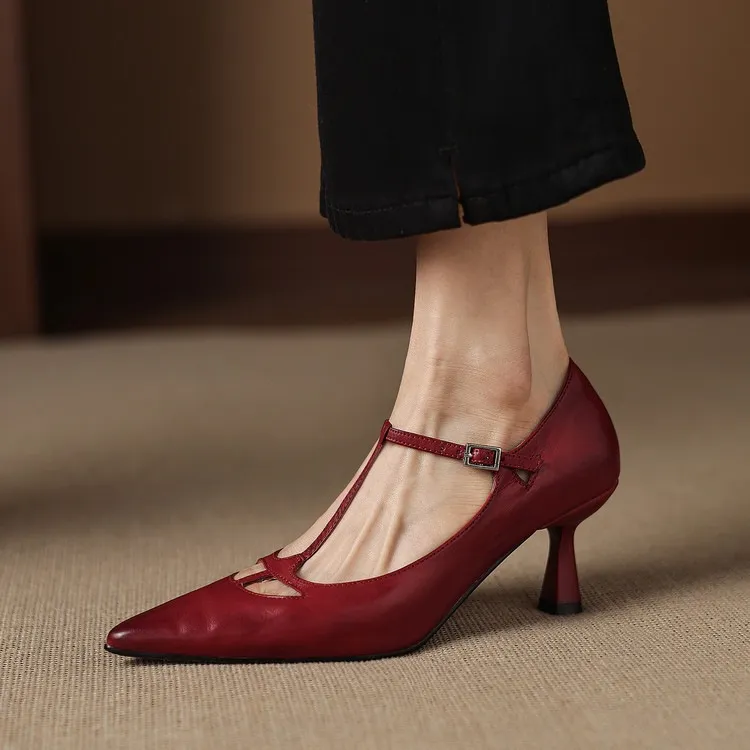 Spring and Autumn Top-Grain Cowhide Mary Jane High Heel Shoes Pointed Toe Sexy Stiletto High Heel Low Mouth Shoes