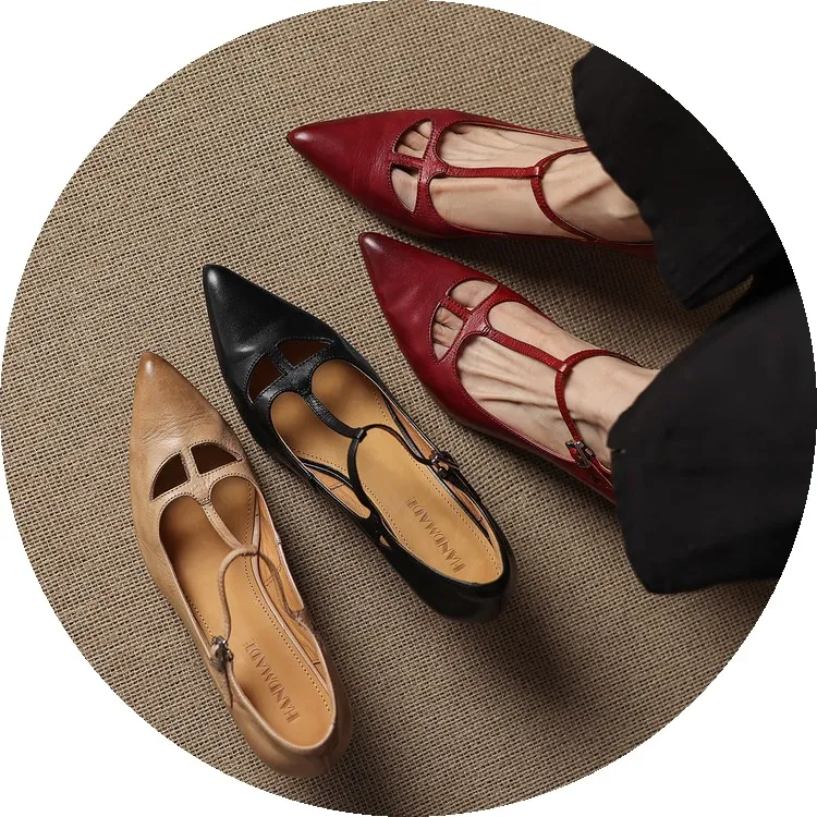 Spring and Autumn Top-Grain Cowhide Mary Jane High Heel Shoes Pointed Toe Sexy Stiletto High Heel Low Mouth Shoes