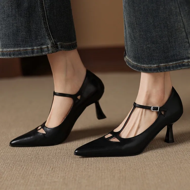 Spring and Autumn Top-Grain Cowhide Mary Jane High Heel Shoes Pointed Toe Sexy Stiletto High Heel Low Mouth Shoes