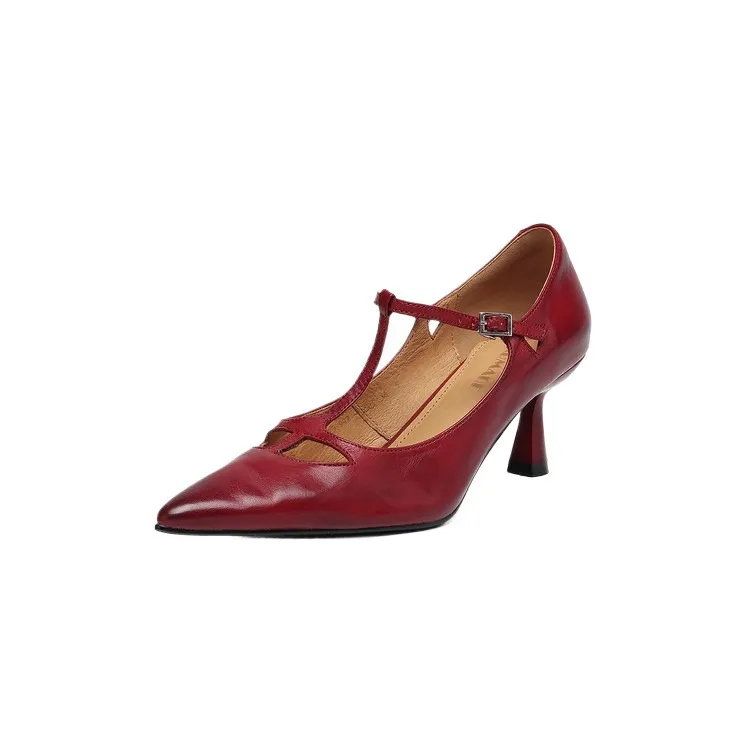 Spring and Autumn Top-Grain Cowhide Mary Jane High Heel Shoes Pointed Toe Sexy Stiletto High Heel Low Mouth Shoes