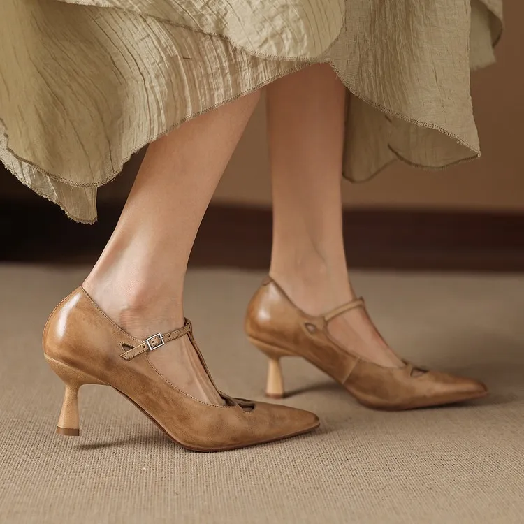 Spring and Autumn Top-Grain Cowhide Mary Jane High Heel Shoes Pointed Toe Sexy Stiletto High Heel Low Mouth Shoes