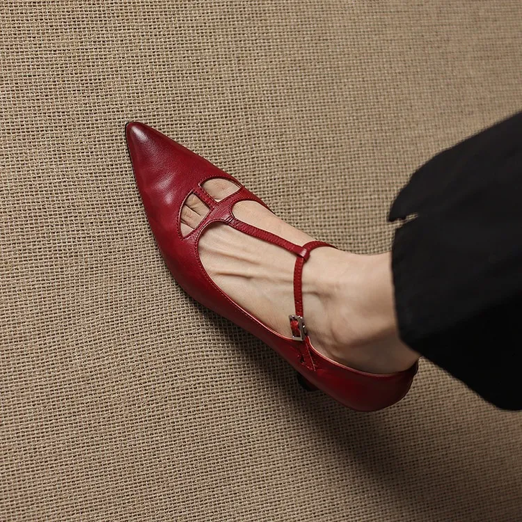 Spring and Autumn Top-Grain Cowhide Mary Jane High Heel Shoes Pointed Toe Sexy Stiletto High Heel Low Mouth Shoes