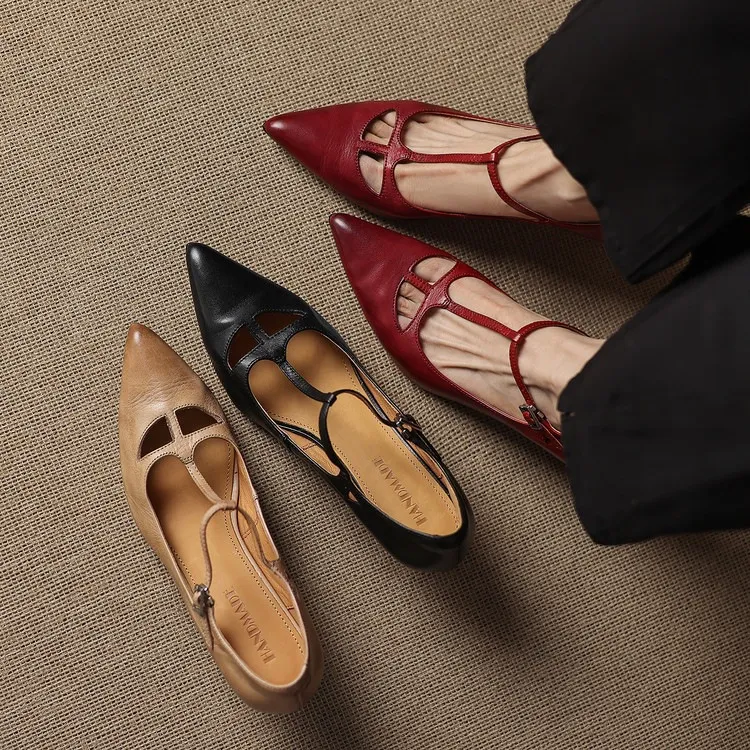 Spring and Autumn Top-Grain Cowhide Mary Jane High Heel Shoes Pointed Toe Sexy Stiletto High Heel Low Mouth Shoes