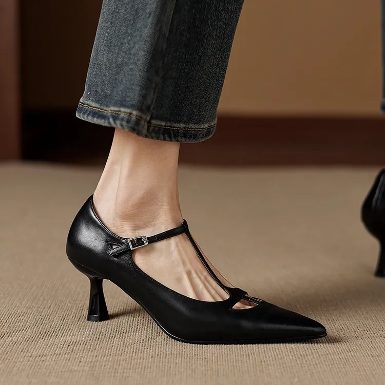 Spring and Autumn Top-Grain Cowhide Mary Jane High Heel Shoes Pointed Toe Sexy Stiletto High Heel Low Mouth Shoes
