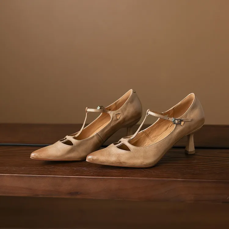 Spring and Autumn Top-Grain Cowhide Mary Jane High Heel Shoes Pointed Toe Sexy Stiletto High Heel Low Mouth Shoes