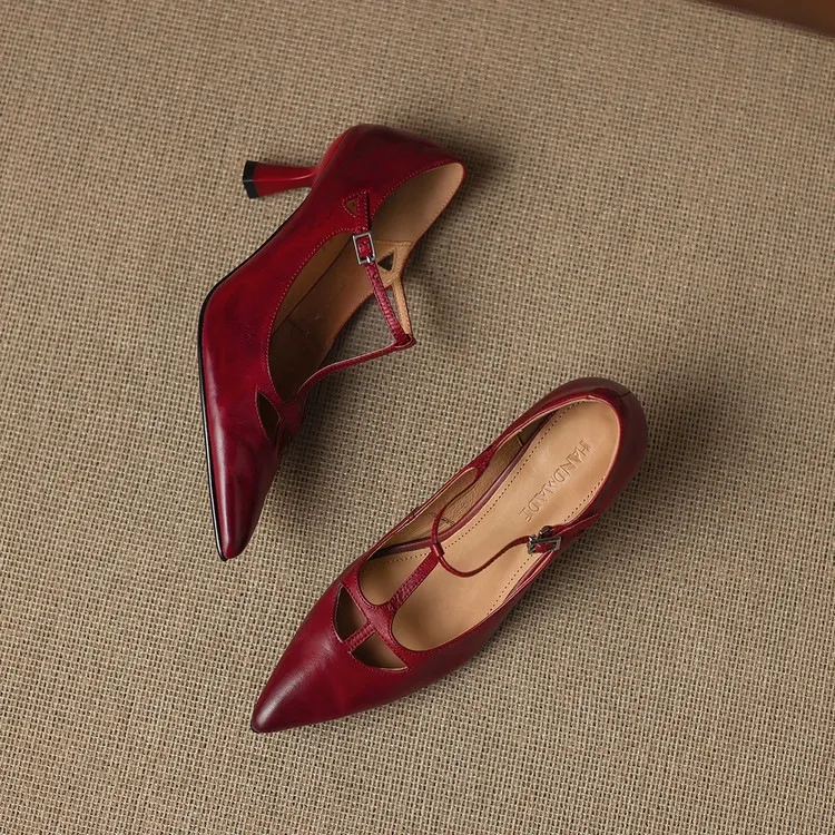 Spring and Autumn Top-Grain Cowhide Mary Jane High Heel Shoes Pointed Toe Sexy Stiletto High Heel Low Mouth Shoes