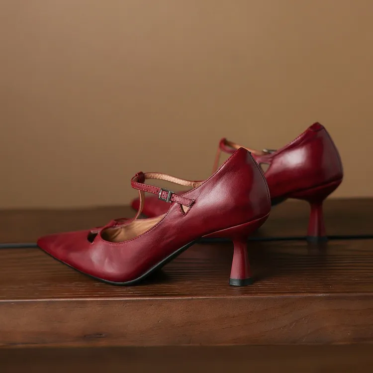 Spring and Autumn Top-Grain Cowhide Mary Jane High Heel Shoes Pointed Toe Sexy Stiletto High Heel Low Mouth Shoes