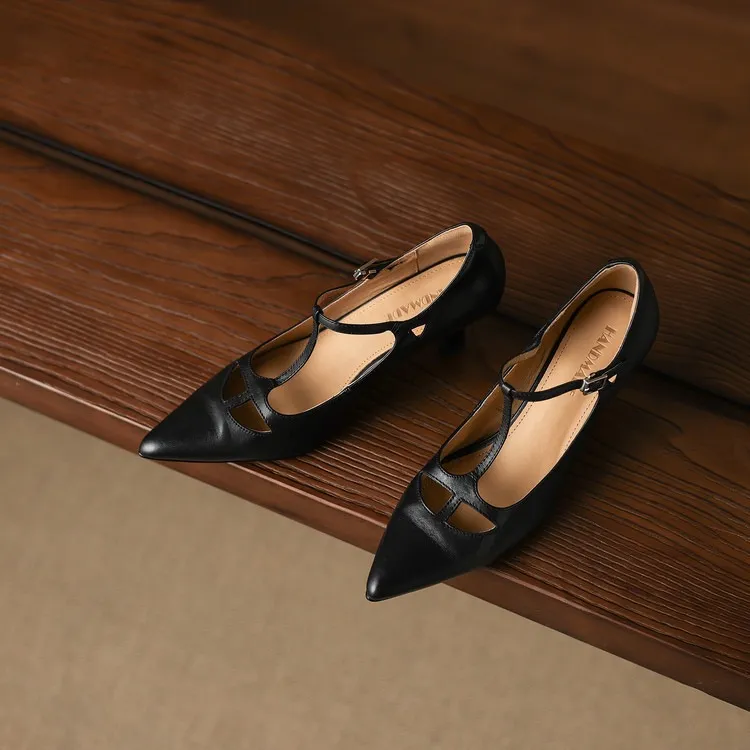 Spring and Autumn Top-Grain Cowhide Mary Jane High Heel Shoes Pointed Toe Sexy Stiletto High Heel Low Mouth Shoes