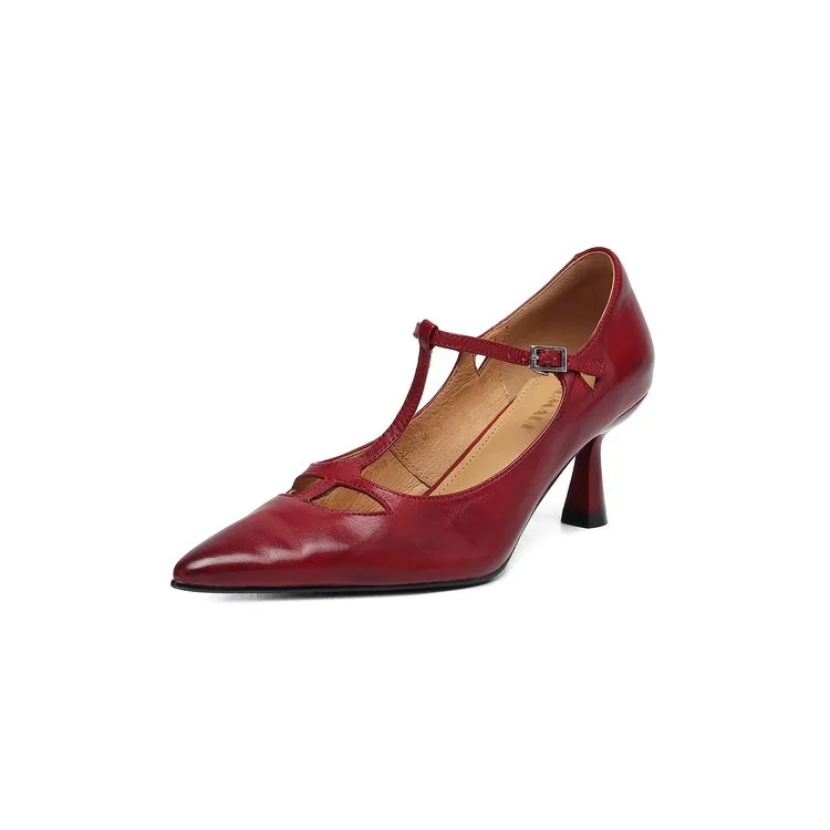 Spring and Autumn Top-Grain Cowhide Mary Jane High Heel Shoes Pointed Toe Sexy Stiletto High Heel Low Mouth Shoes