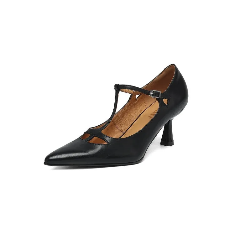 Spring and Autumn Top-Grain Cowhide Mary Jane High Heel Shoes Pointed Toe Sexy Stiletto High Heel Low Mouth Shoes