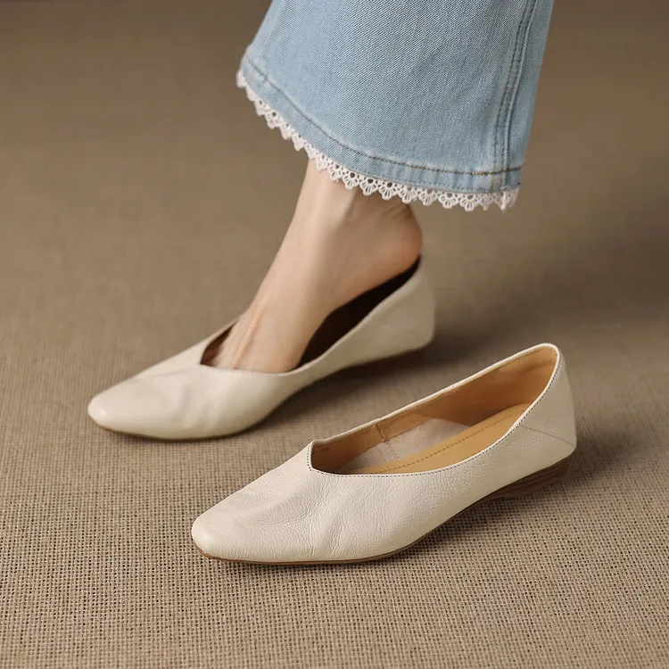 Comfortable flat Korean style low-cut women's shoes for spring and autumn, made of first-layer sheepskin, square toe, soft, single shoes with low heels.