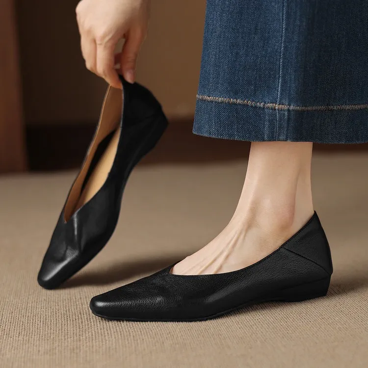Comfortable flat Korean style low-cut women's shoes for spring and autumn, made of first-layer sheepskin, square toe, soft, single shoes with low heels.