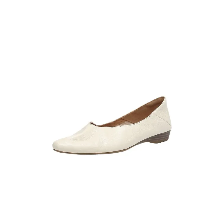 Comfortable flat Korean style low-cut women's shoes for spring and autumn, made of first-layer sheepskin, square toe, soft, single shoes with low heels.
