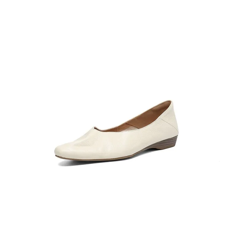 Comfortable flat Korean style low-cut women's shoes for spring and autumn, made of first-layer sheepskin, square toe, soft, single shoes with low heels.