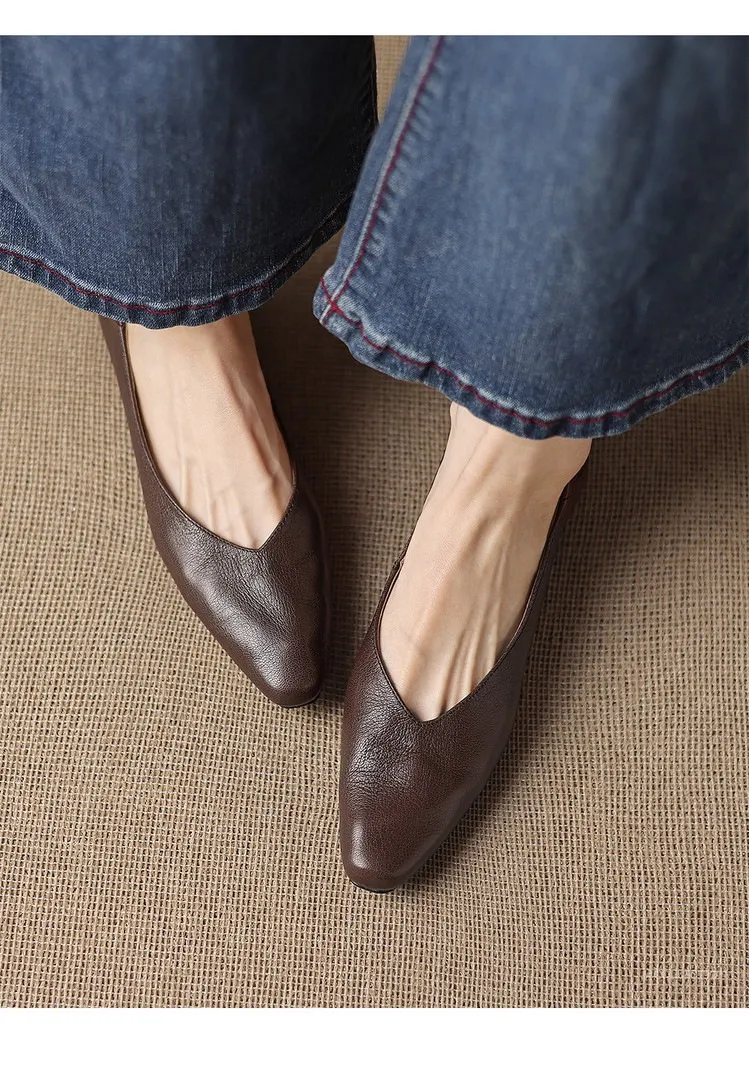 Comfortable flat Korean style low-cut women's shoes for spring and autumn, made of first-layer sheepskin, square toe, soft, single shoes with low heels.