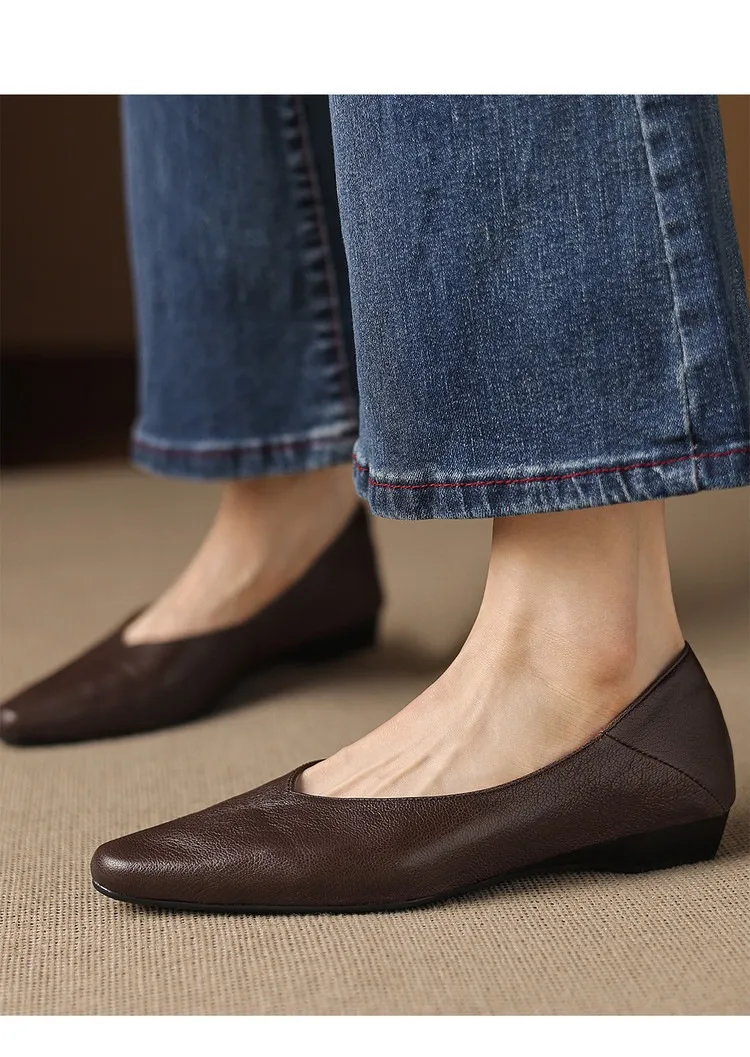 Comfortable flat Korean style low-cut women's shoes for spring and autumn, made of first-layer sheepskin, square toe, soft, single shoes with low heels.