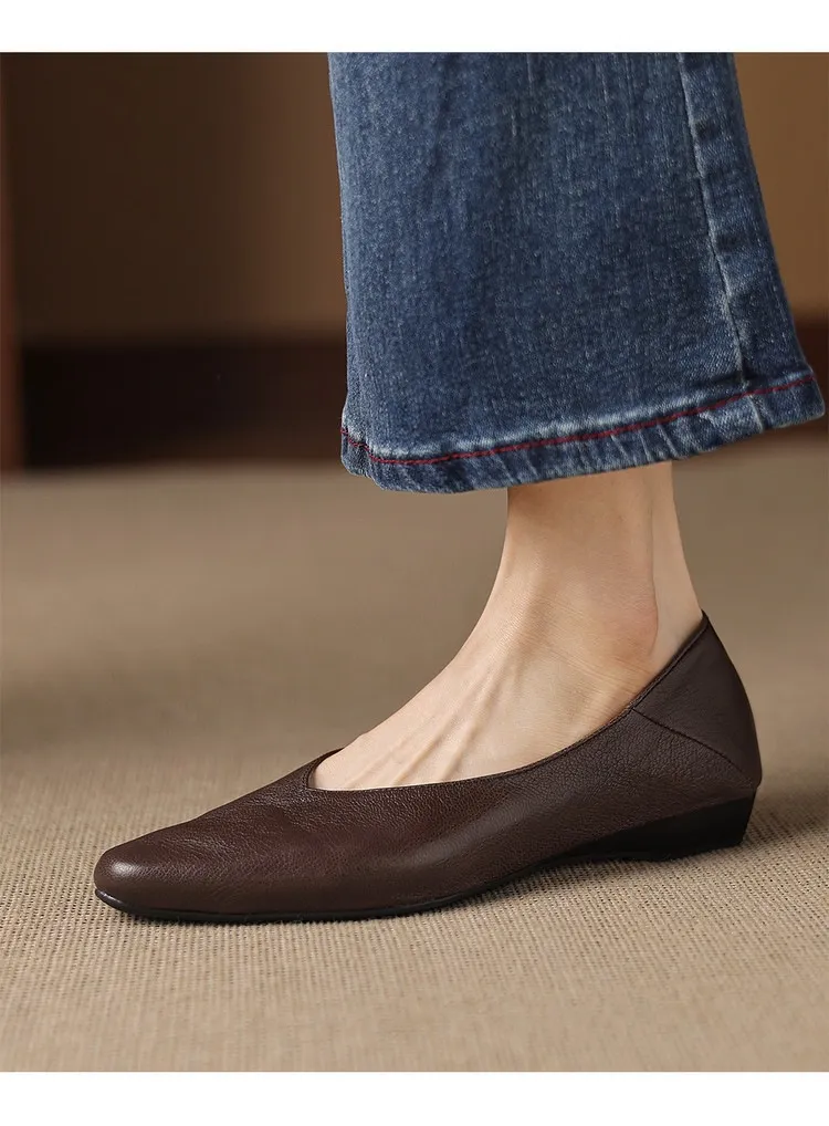 Comfortable flat Korean style low-cut women's shoes for spring and autumn, made of first-layer sheepskin, square toe, soft, single shoes with low heels.