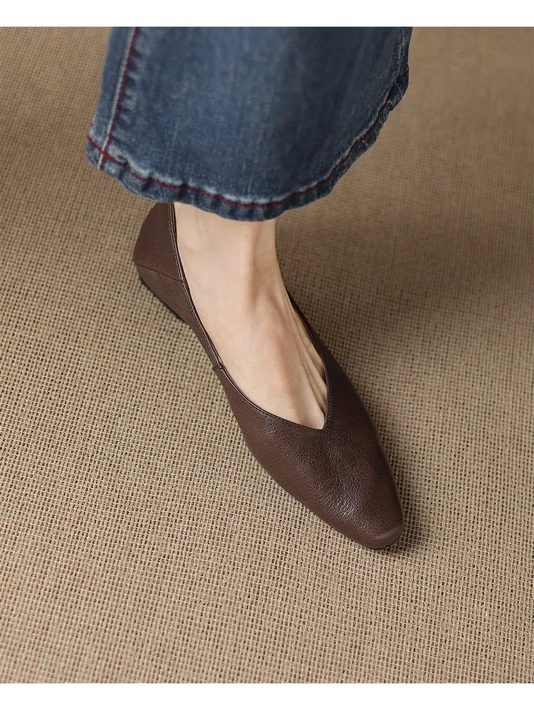 Comfortable flat Korean style low-cut women's shoes for spring and autumn, made of first-layer sheepskin, square toe, soft, single shoes with low heels.