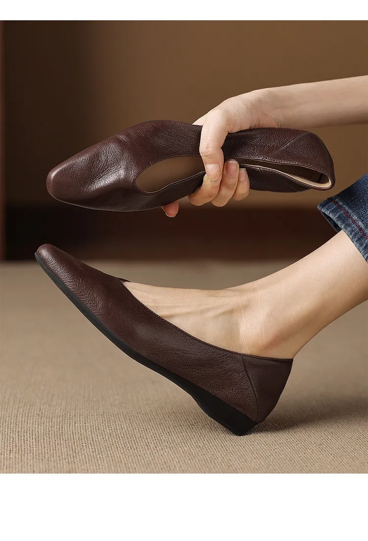 Comfortable flat Korean style low-cut women's shoes for spring and autumn, made of first-layer sheepskin, square toe, soft, single shoes with low heels.