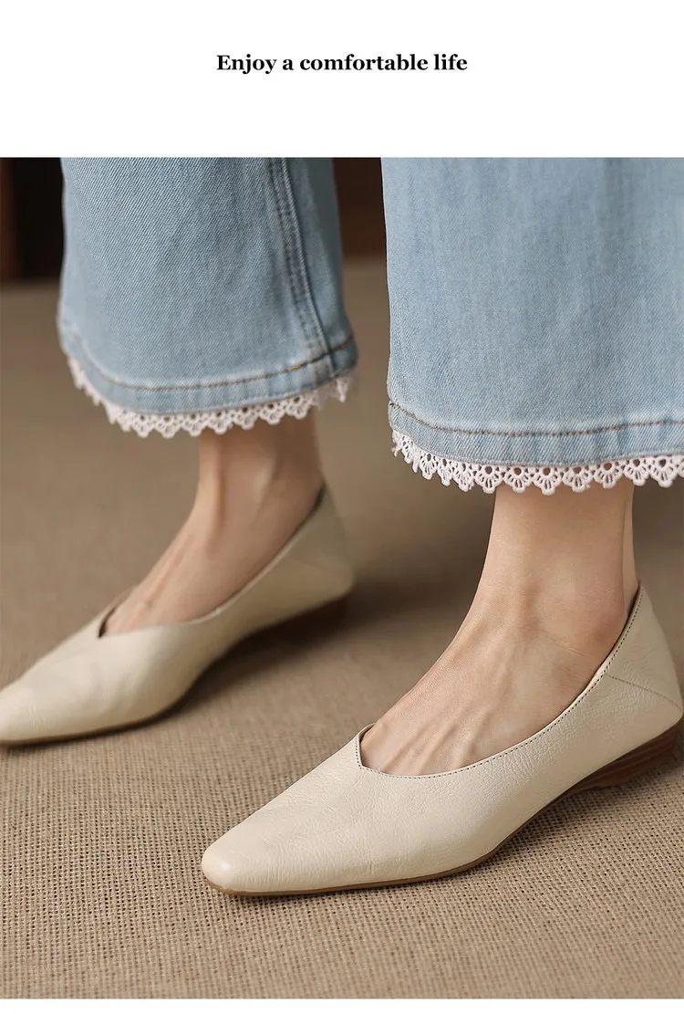 Comfortable flat Korean style low-cut women's shoes for spring and autumn, made of first-layer sheepskin, square toe, soft, single shoes with low heels.