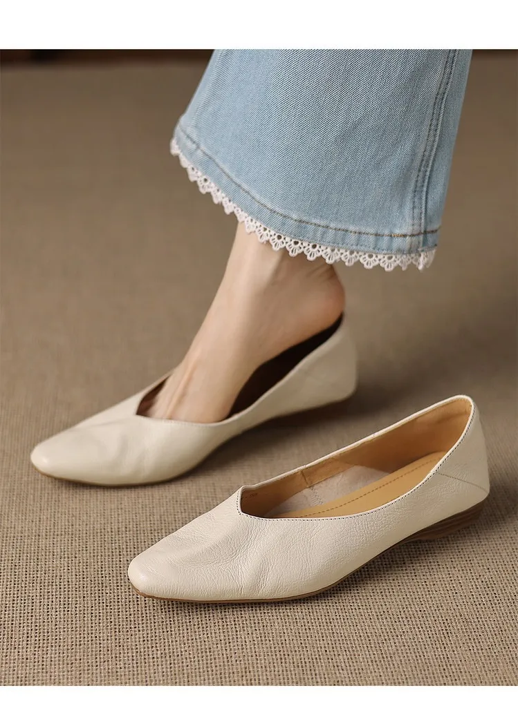 Comfortable flat Korean style low-cut women's shoes for spring and autumn, made of first-layer sheepskin, square toe, soft, single shoes with low heels.
