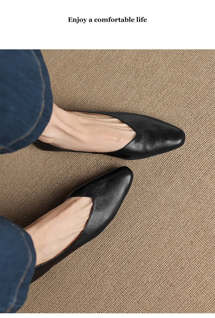 Comfortable flat Korean style low-cut women's shoes for spring and autumn, made of first-layer sheepskin, square toe, soft, single shoes with low heels.
