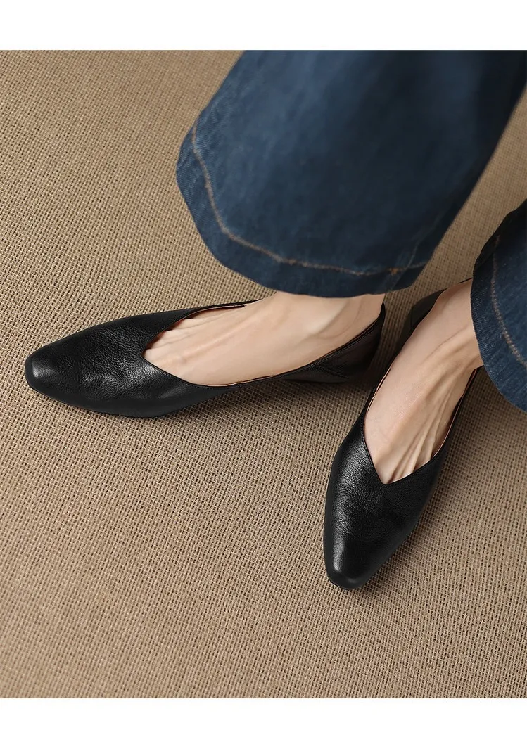 Comfortable flat Korean style low-cut women's shoes for spring and autumn, made of first-layer sheepskin, square toe, soft, single shoes with low heels.