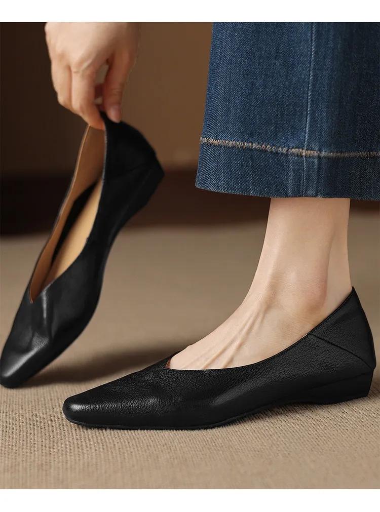Comfortable flat Korean style low-cut women's shoes for spring and autumn, made of first-layer sheepskin, square toe, soft, single shoes with low heels.