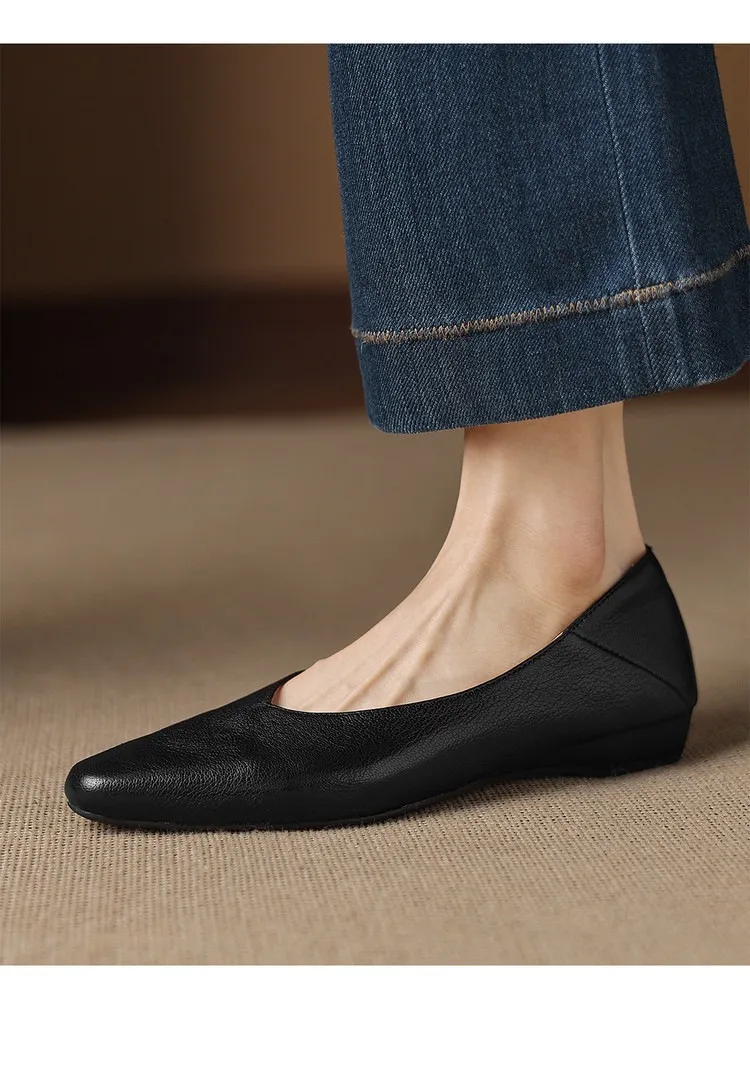 Comfortable flat Korean style low-cut women's shoes for spring and autumn, made of first-layer sheepskin, square toe, soft, single shoes with low heels.